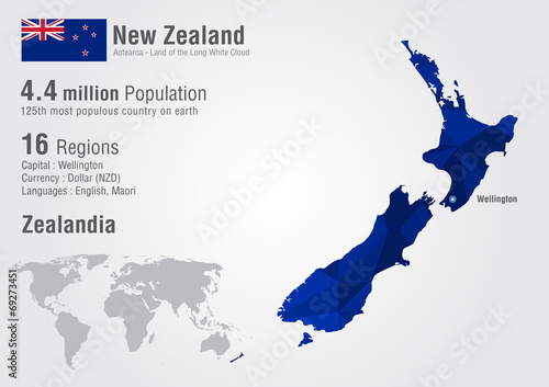 Fotografia New Zealand world map with a pixel diamond texture.