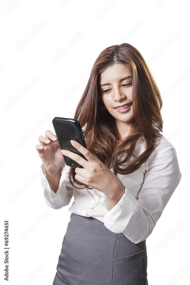 Brunette businesswoman text mobile phone Brunette businesswoman text mobile phone