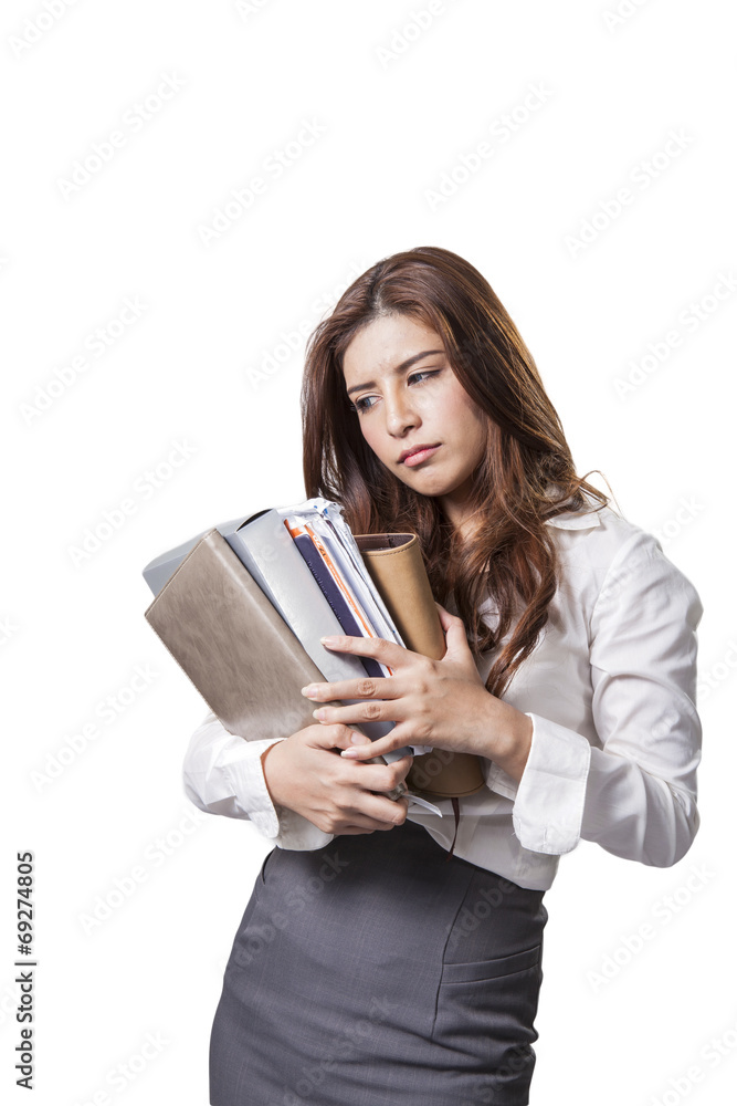 Businesswoman standing bored whit file Businesswoman standing bored whit file