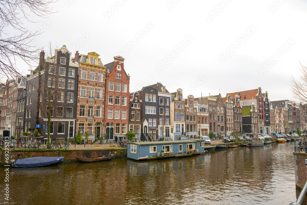 Dutch canals and typical canalside houses in Amsterdam