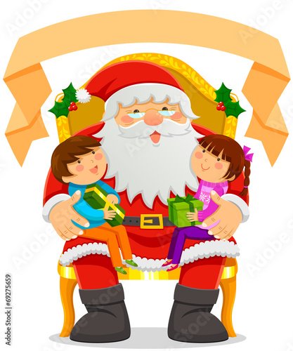 Santa Clause with kids on his lap and a blank banner on top