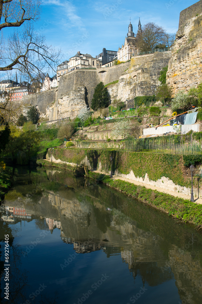 Downtown of Luxembourg City, view with Alzette river