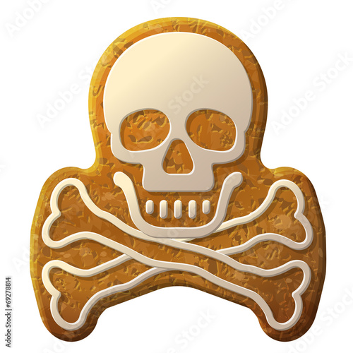 Gingerbread skull symbol decorated icing. Crossbones cookie