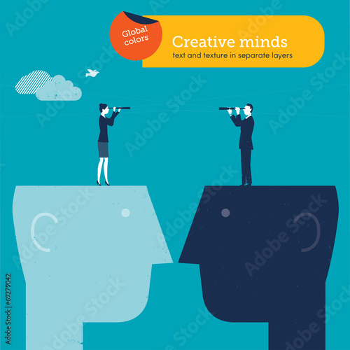 Vector man and woman with spyglass on brain