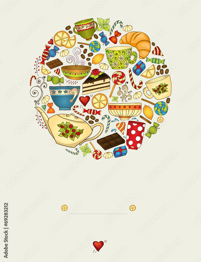Tea, coffe and sweets pattern invitation.