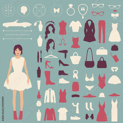 fashion vector icons, collection of woman accessories, clothes