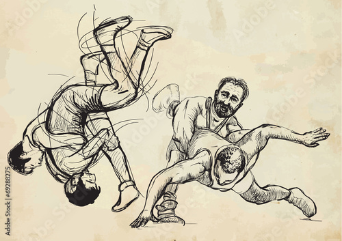 Greco-Roman Wrestling. An hand drawn vector illustration.