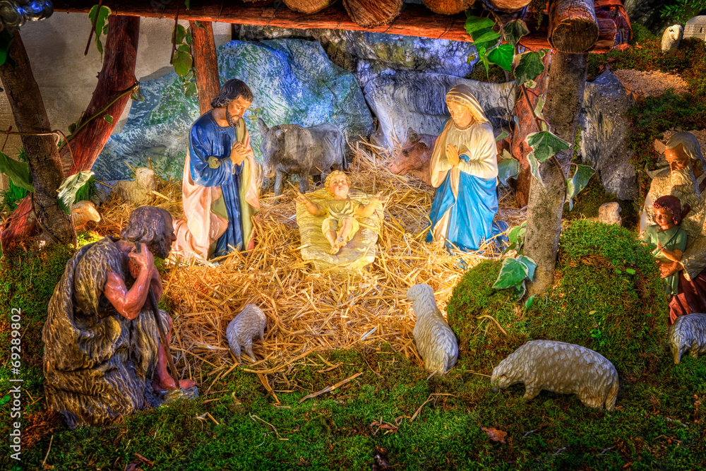Christmas nativity scene with baby Jesus, Mary & Joseph in barn Stock Photo  | Adobe Stock