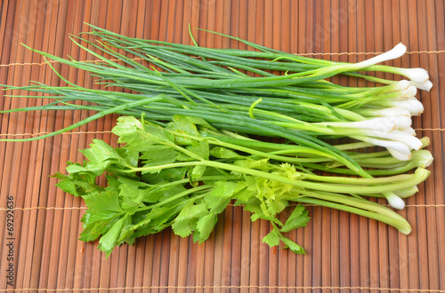 green onions and celery on background