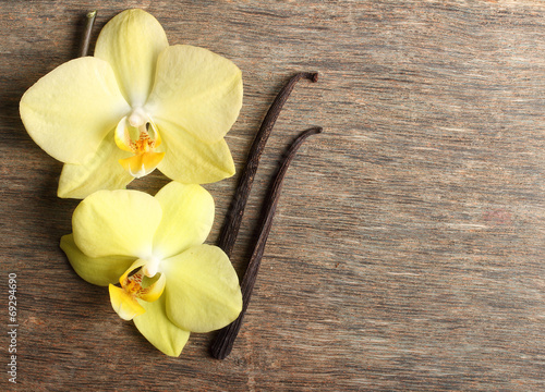 Vanilla pods and orchid flowers