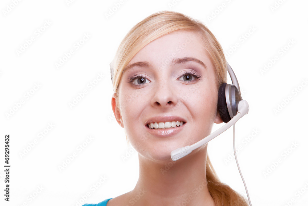 Girl with headphones and microphone headset on white Girl with headphones and microphone headset on white