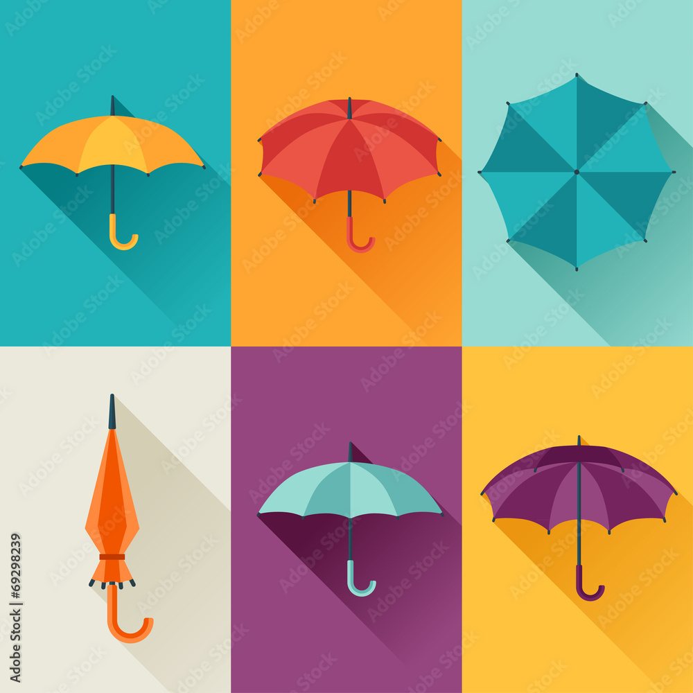 Fototapeta premium Set of cute multicolor umbrellas in flat design style.