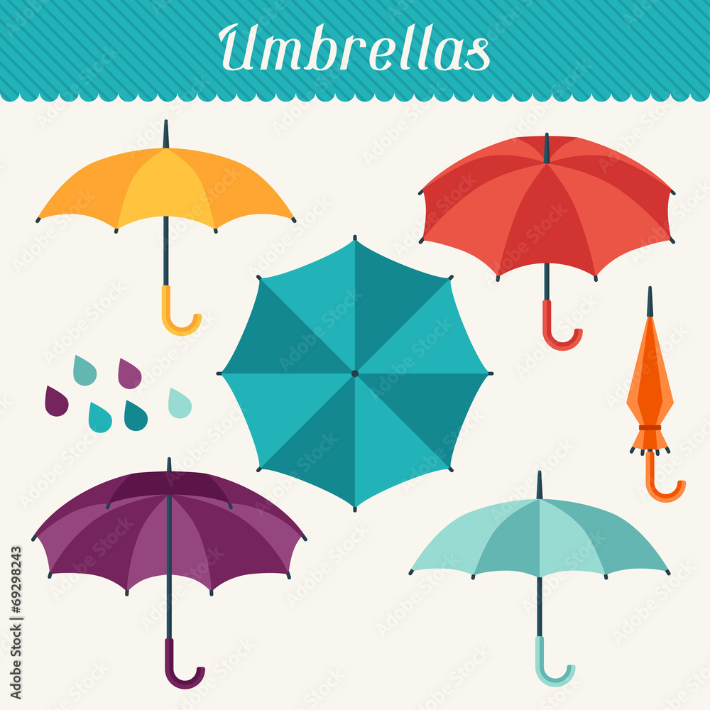 Fototapeta premium Set of cute multicolor umbrellas in flat design style.