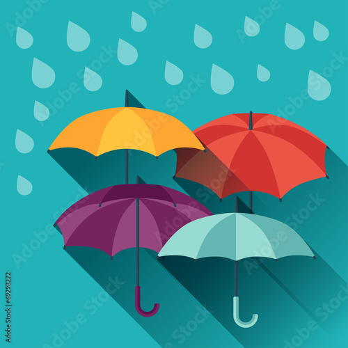 Card with multicolor umbrellas in flat design style.