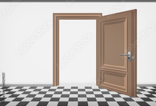 blank room wall with open door and checked paved floor