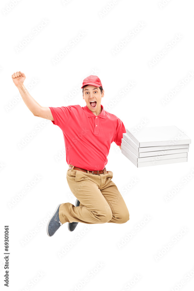 Overjoyed pizza delivery guy jumping