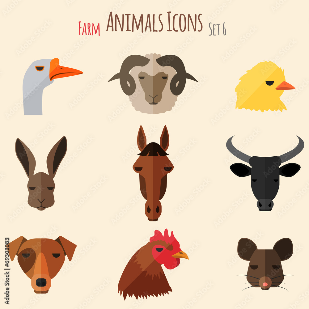 Naklejka premium Farm Animals Icons with Flat Design