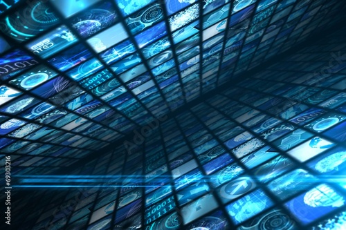 Walls of digital screens in blue
