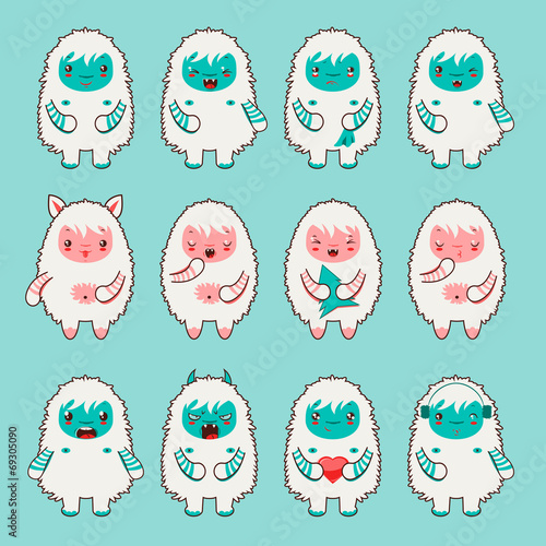Vector design set of cute chibi yeti emoticons