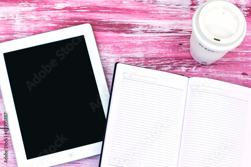 Fototapeta Naklejka Na Ścianę i Meble -  diary, a tablet computer, a glass of coffee