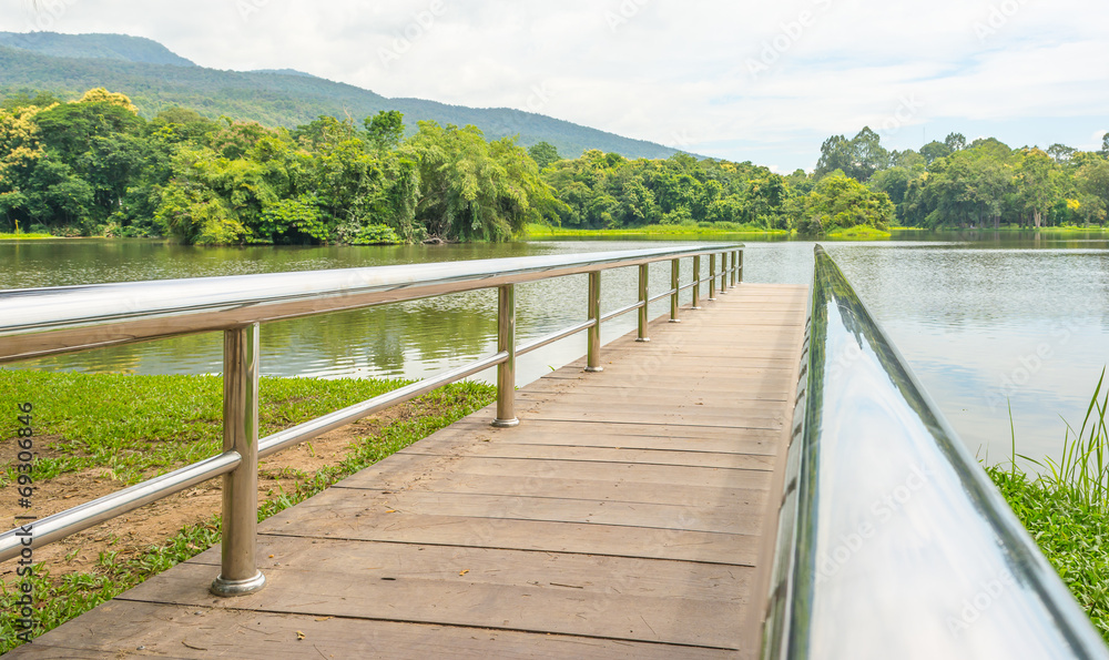 stainless steel bridge or pier at lake