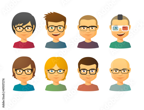 Male avatars wearing glasses with various hair styles