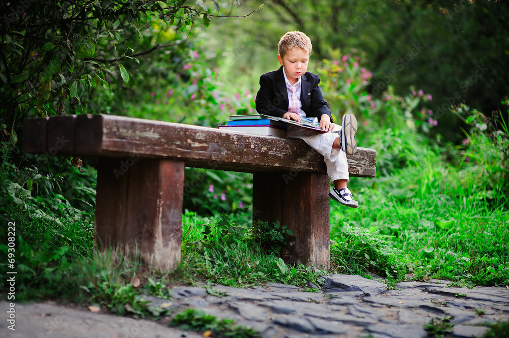 Fototapeta premium Little preschooler kid reading outdoor