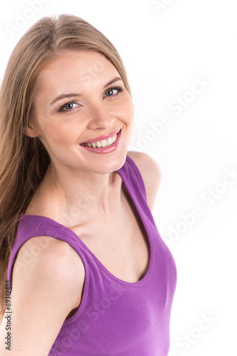 Portrait of beautiful girl on white background.