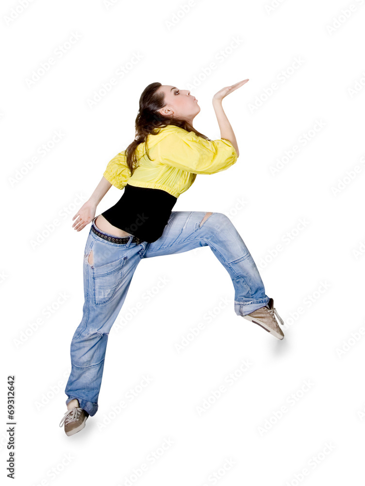 Teenager dancing breakdance in action over white