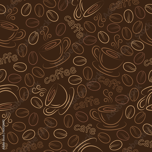 Seamless pattern with cups and coffee grains. Vector.