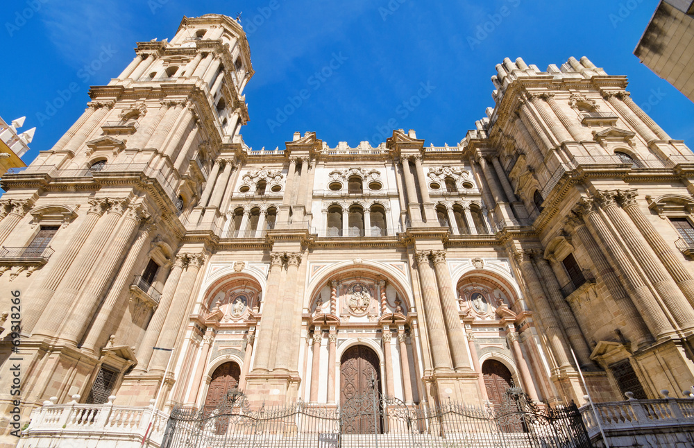 Detail of the facade of Malaga Cathedral, Malaga, Spain.