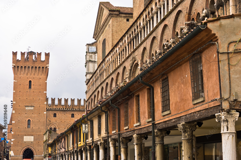 Architectural details on a main square at city of Ferrara, Italy