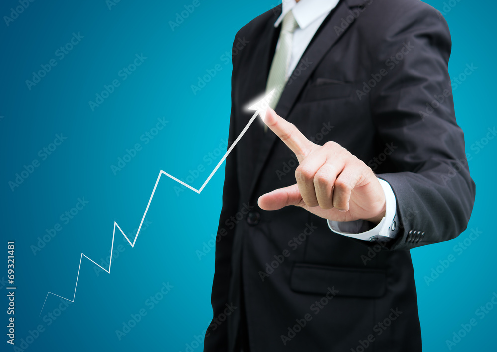 Businessman standing posture hand touch graph finance isolated