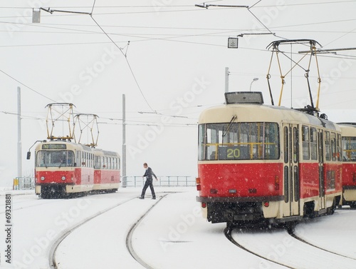 Trams in Prague in heavy snowfall
