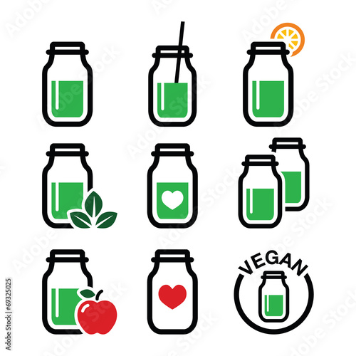 Green shake, green smoothie jar icons set