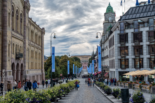 Oslo's main street Karl Johans Gate with the Royal Palace in bac photo