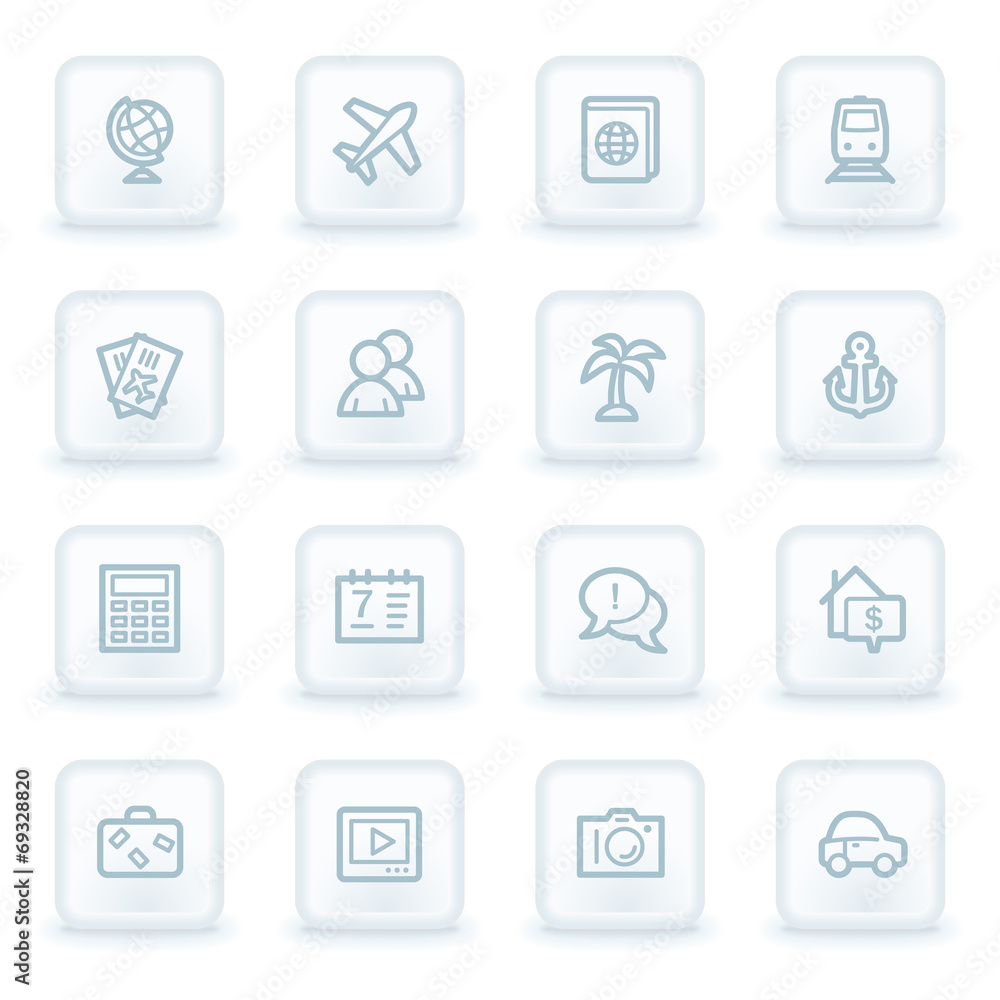 Travel web icon set 5, white square buttons Travel web icon set 5, white square buttons