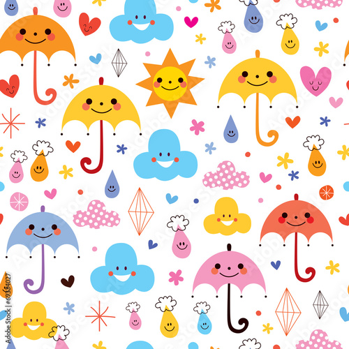 cute umbrellas raindrops flowers clouds sky seamless pattern
