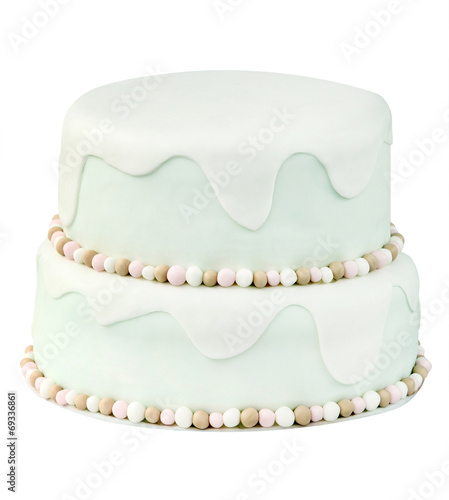 Birthday cake on white background with space for text