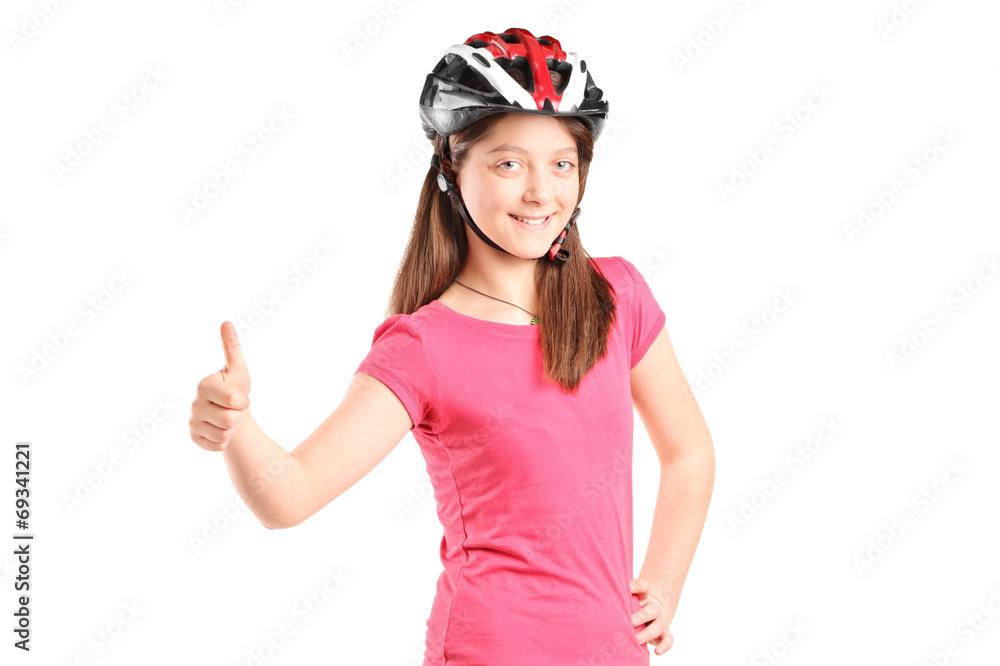 Satisfied girl with a helmet on roller skates Satisfied girl with a helmet on roller skates