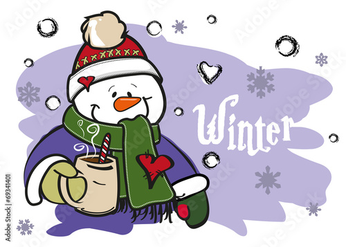 Snowman drinks coffee in winter