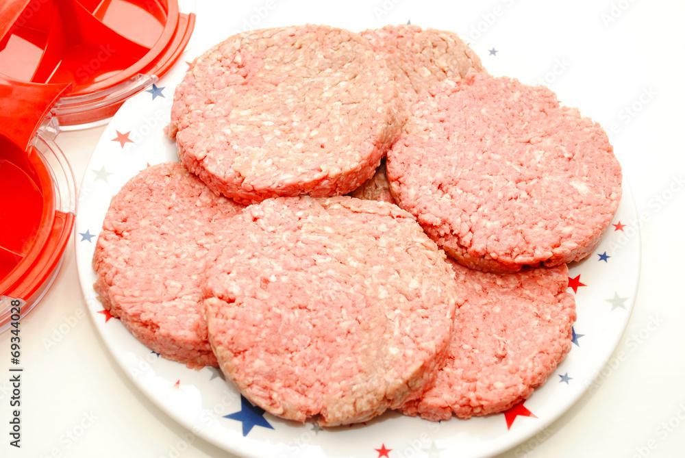 Fresh Raw Hamburgers Made with a Hamburger Press Fresh Raw Hamburgers Made with a Hamburger Press