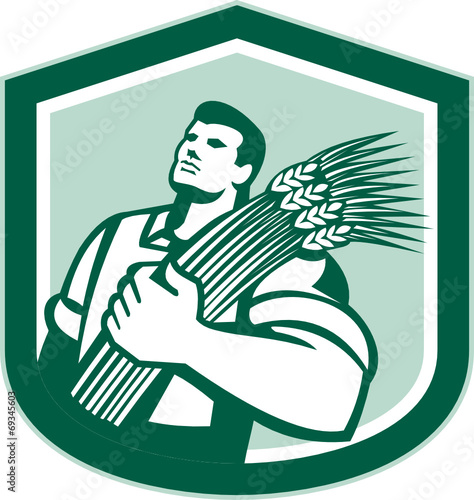 Wheat Farmer Looking Up Shield Retro