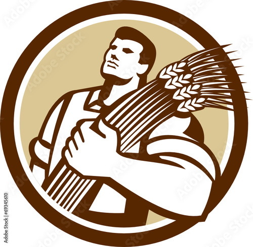 Wheat Farmer Looking Up Circle Retro
