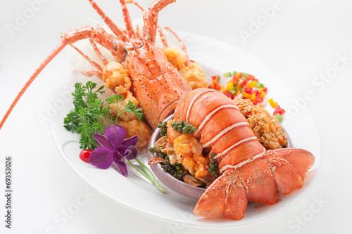 Steamed lobcter in vegetable decorations