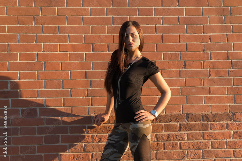 Brunette elegant woman in front of brick wall backround Brunette elegant woman in front of brick wall backround