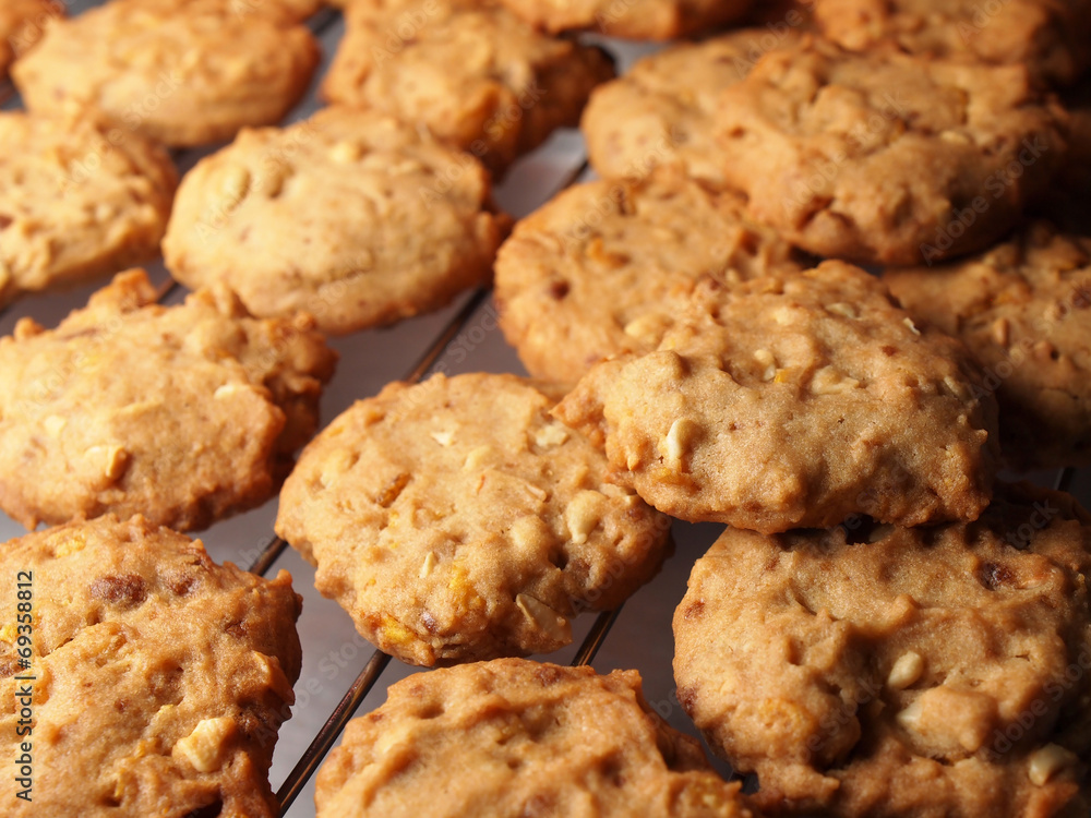 Cashew nut cookies on steel grid after oven Cashew nut cookies on steel grid after oven