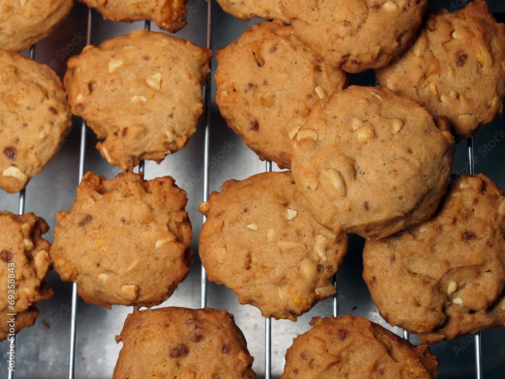 Cashew nut cookies on steel grid after oven Cashew nut cookies on steel grid after oven