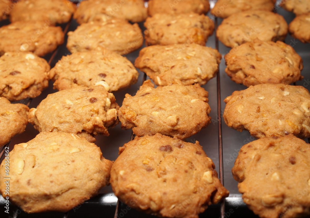 Cashew nut cookies on steel grid after oven Cashew nut cookies on steel grid after oven