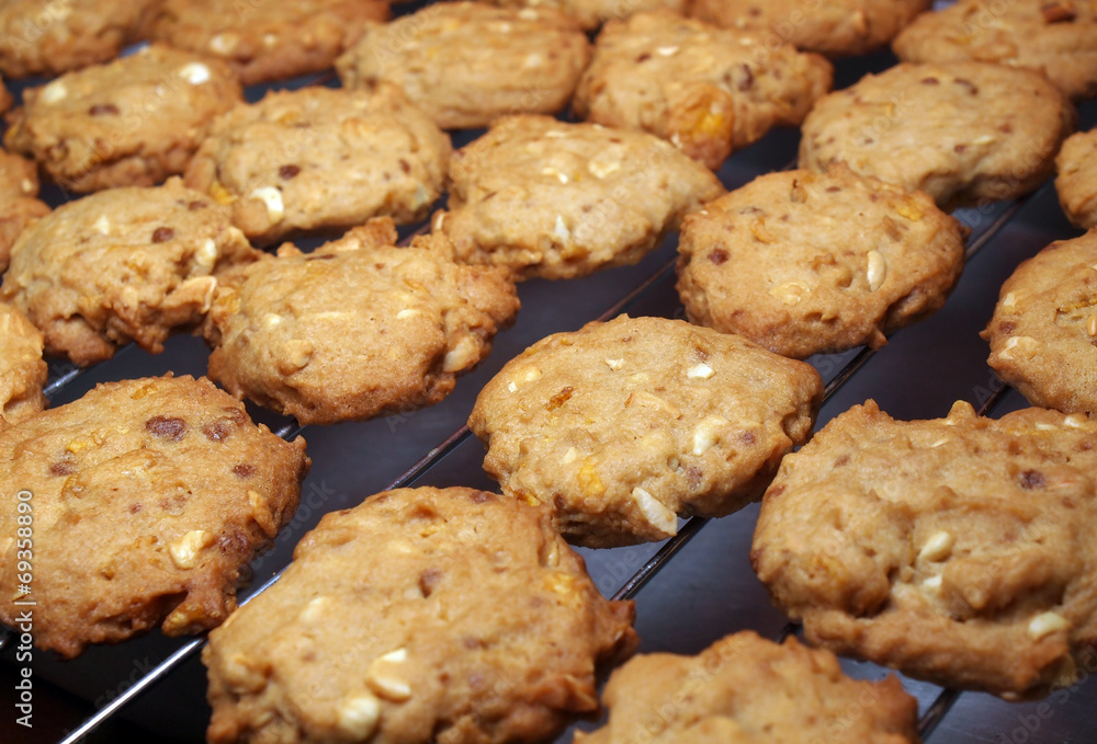 Cashew nut cookies on steel grid after oven Cashew nut cookies on steel grid after oven